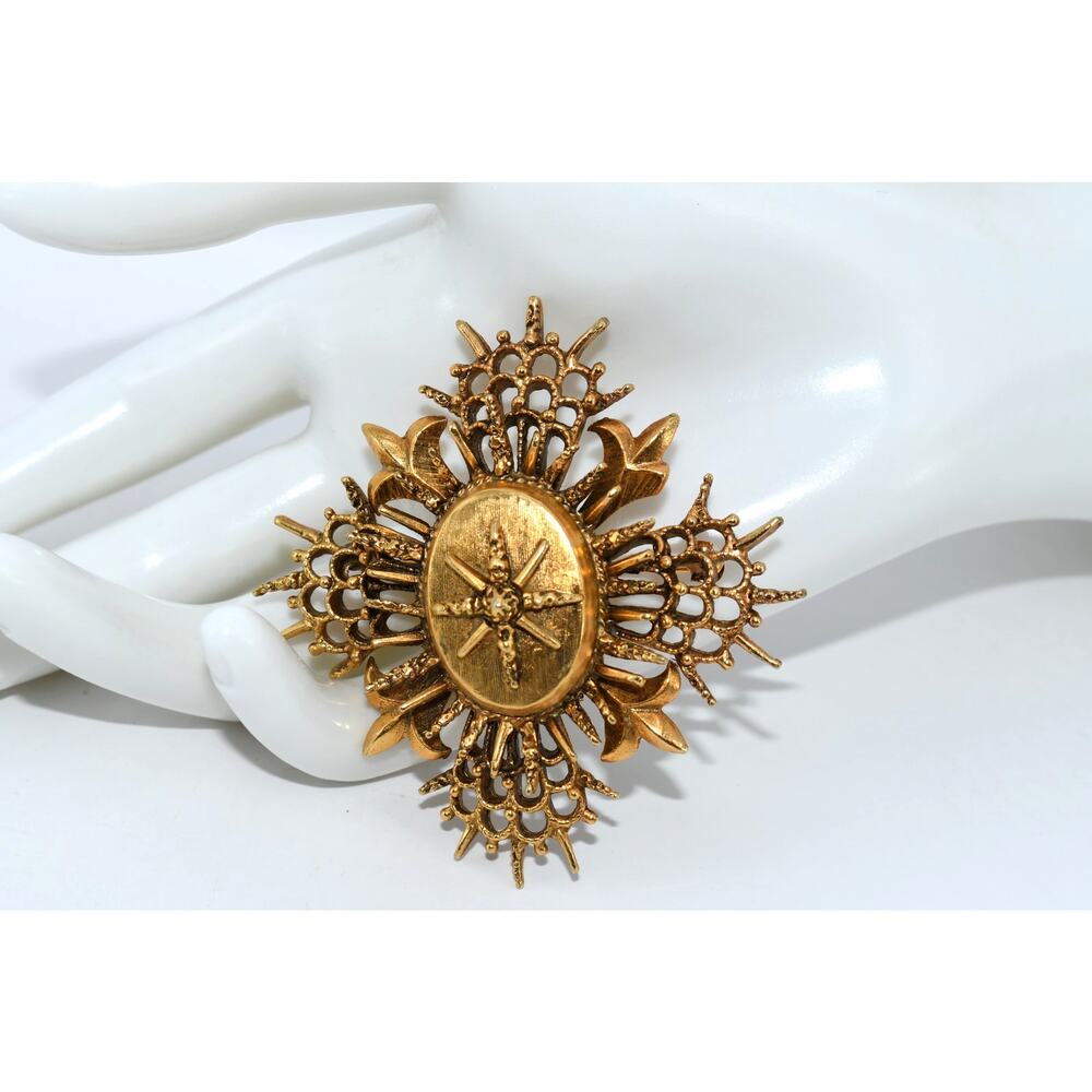 Vintage Gold Tone Layered Cross Starburst Brooch Ornate Statement